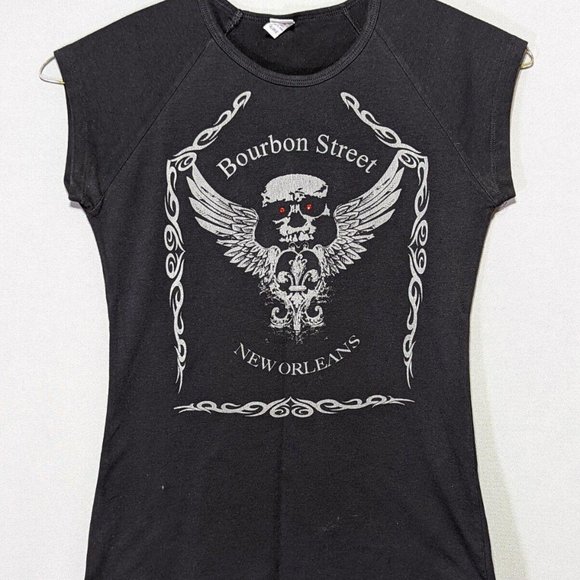 Tops - Bourbon Street New Orleans Skull Fleur-de-lis Wings Graphic Top Embellished XL